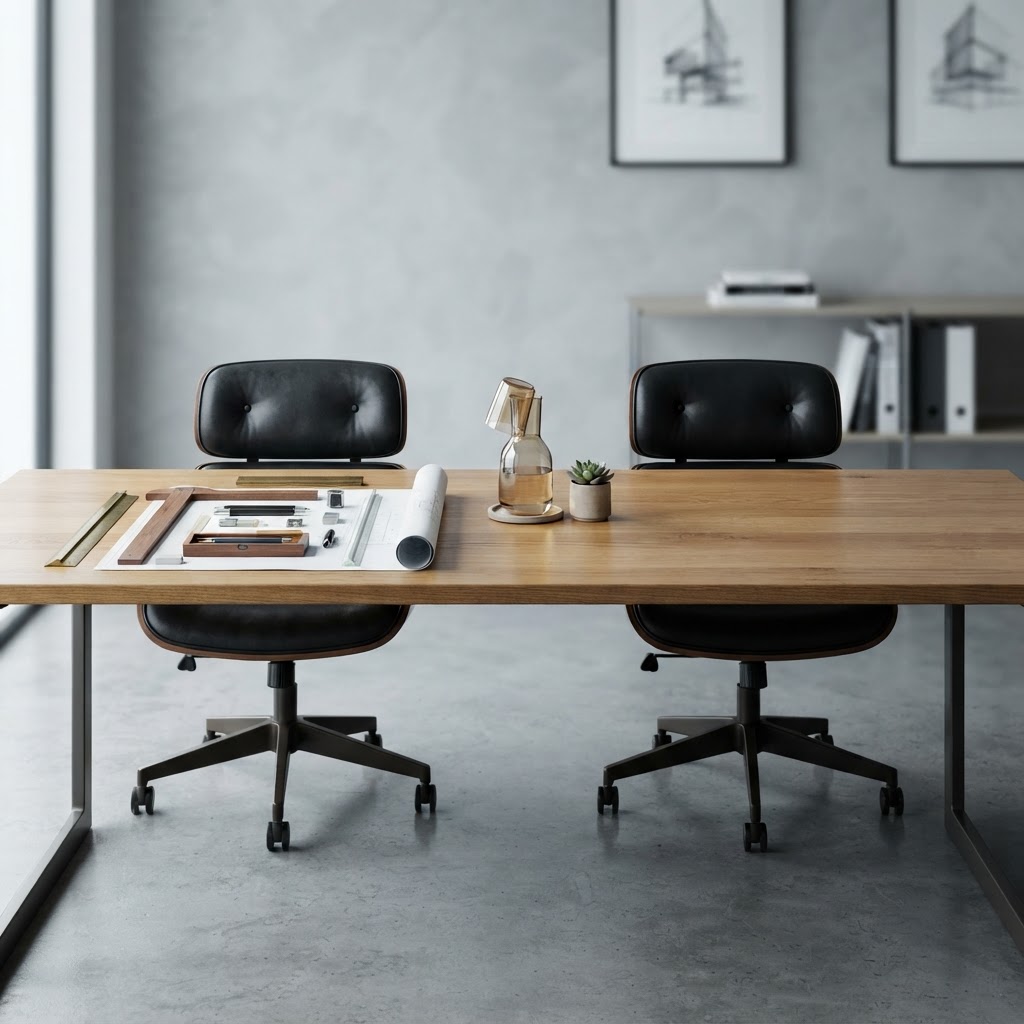 Professional empty workspace with organized drafting tools