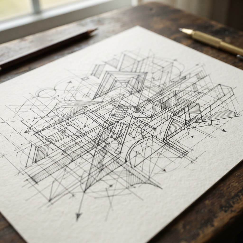 Technical architectural wireframe drawing on paper
