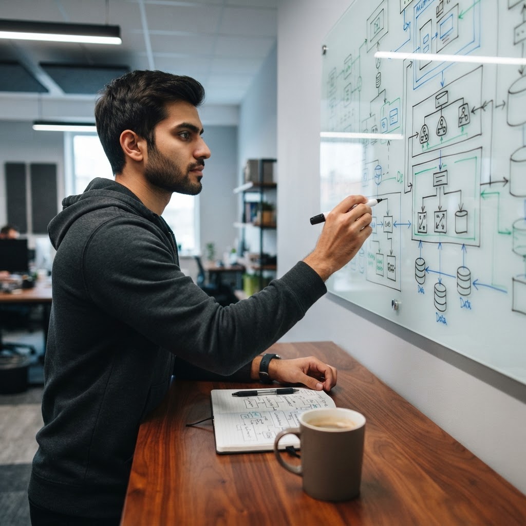 Developer focused on architectural planning at a workspace