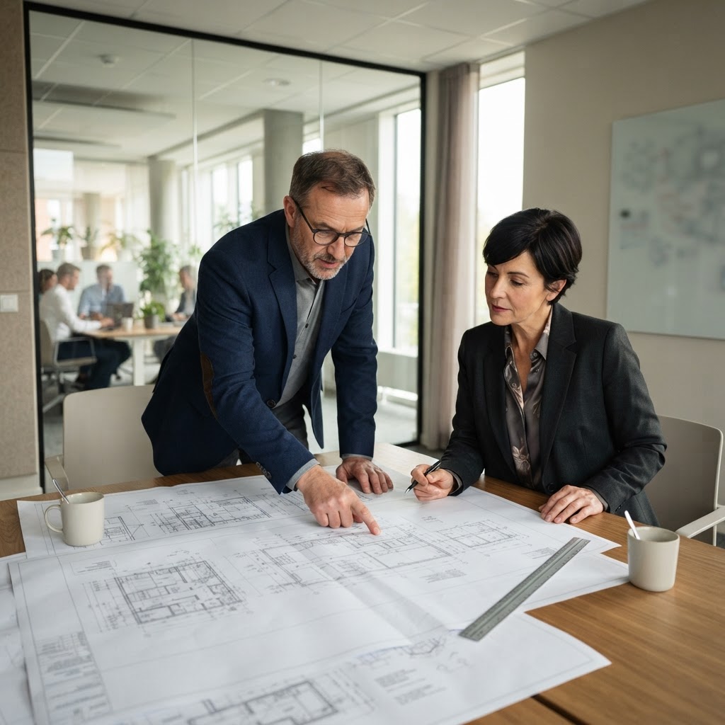 Two engineers discussing technical blueprints in an office