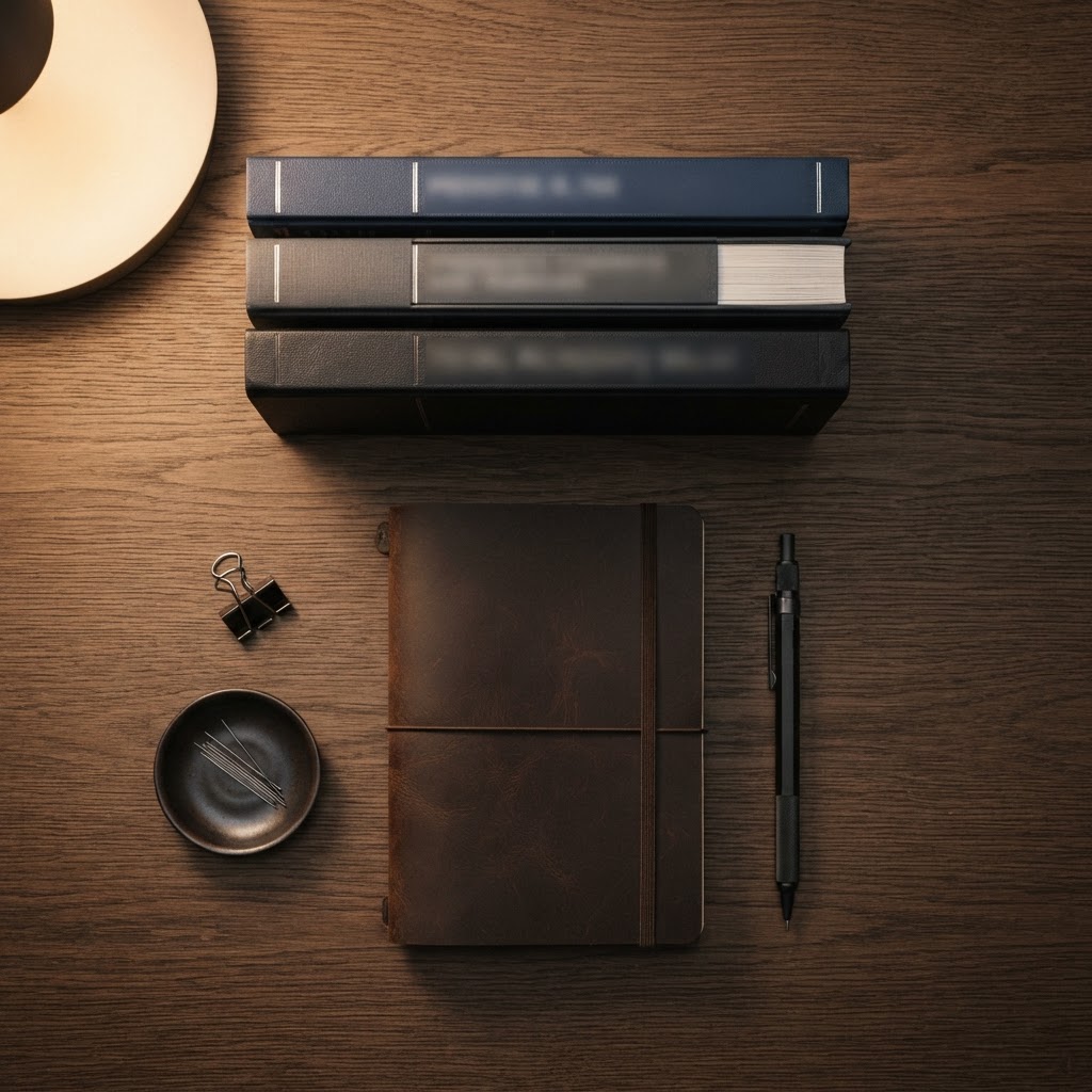 Clean workspace with professional notebooks and planning tools