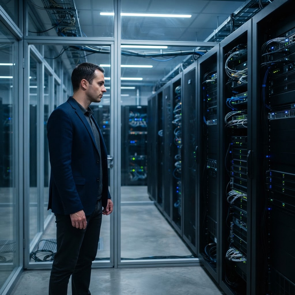 Technician inspecting clean server room infrastructure