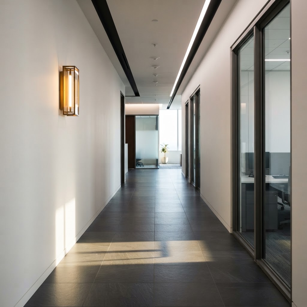 Minimalist office hallway with geometric amber wall lighting