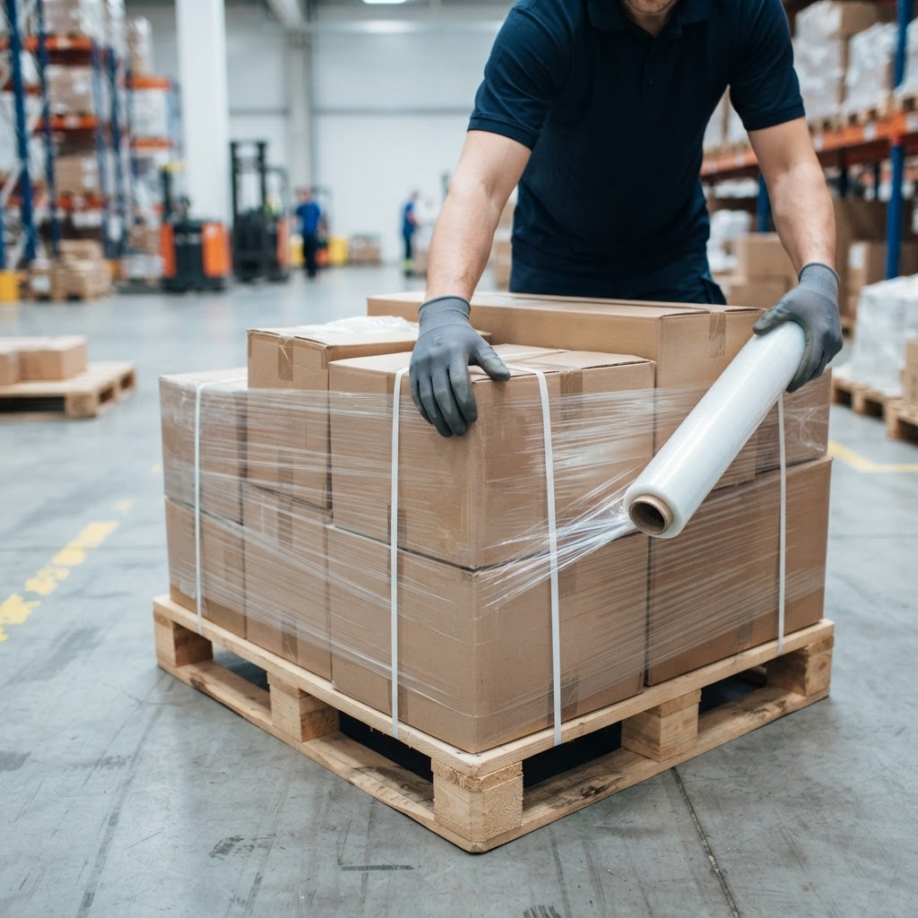 Close up of hands wrapping a pallet of freight for shipping