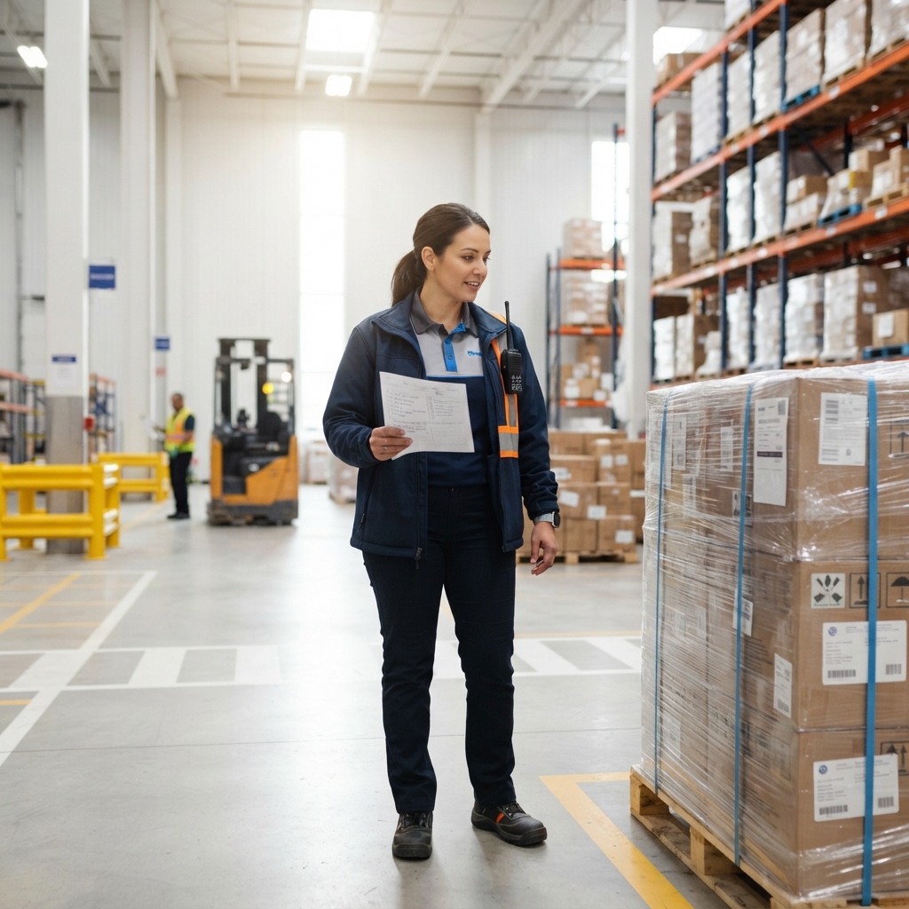 Logistics coordinator reviewing shipping documents in an organized warehouse