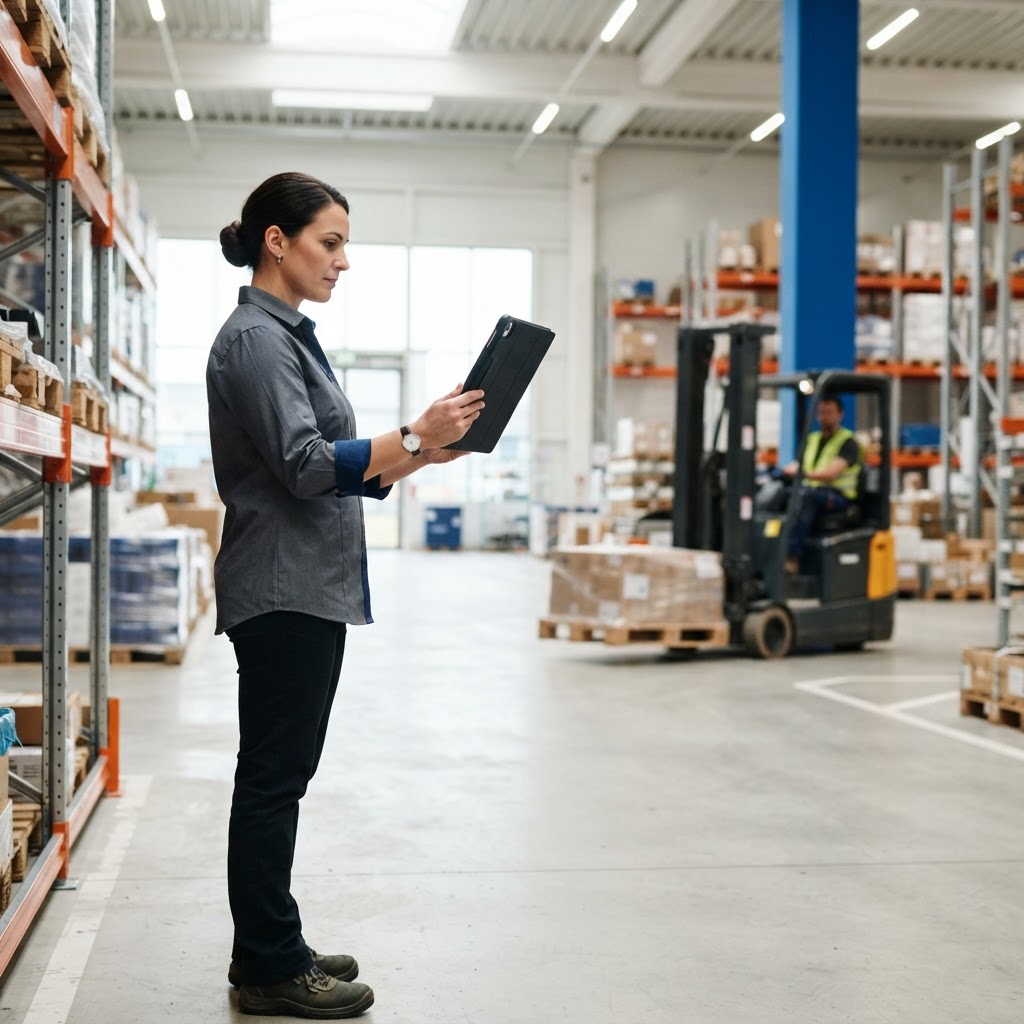 Logistics manager reviewing shipping information in a warehouse