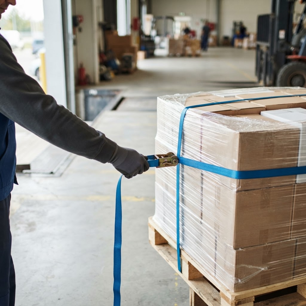 Securing a pallet with a blue freight strap