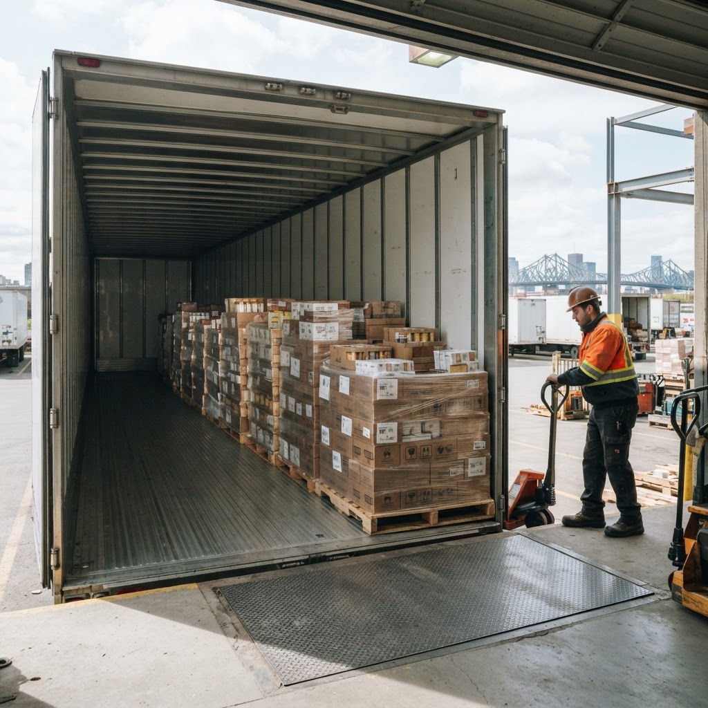 Interior view of a trailer being loaded with pallets
