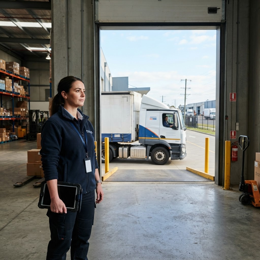 Manager waiting for a delivery truck at a loading bay