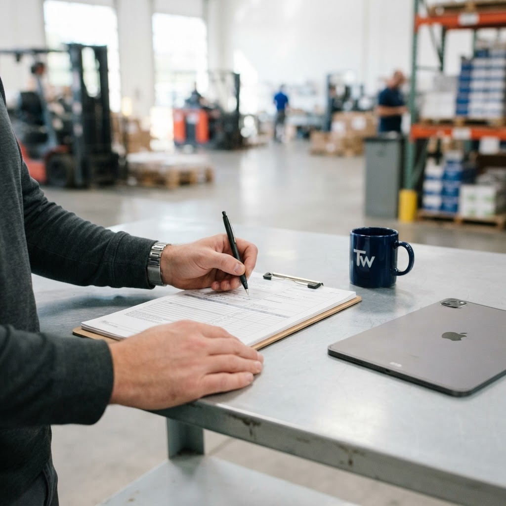 Preparing shipping documents on a clean warehouse desk
