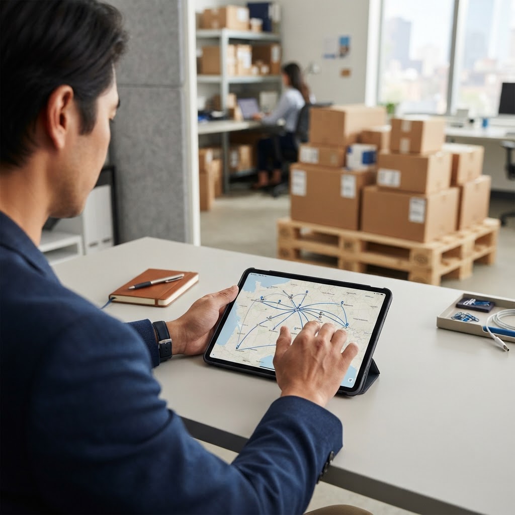 Logistics manager reviewing freight shipment details on a tablet