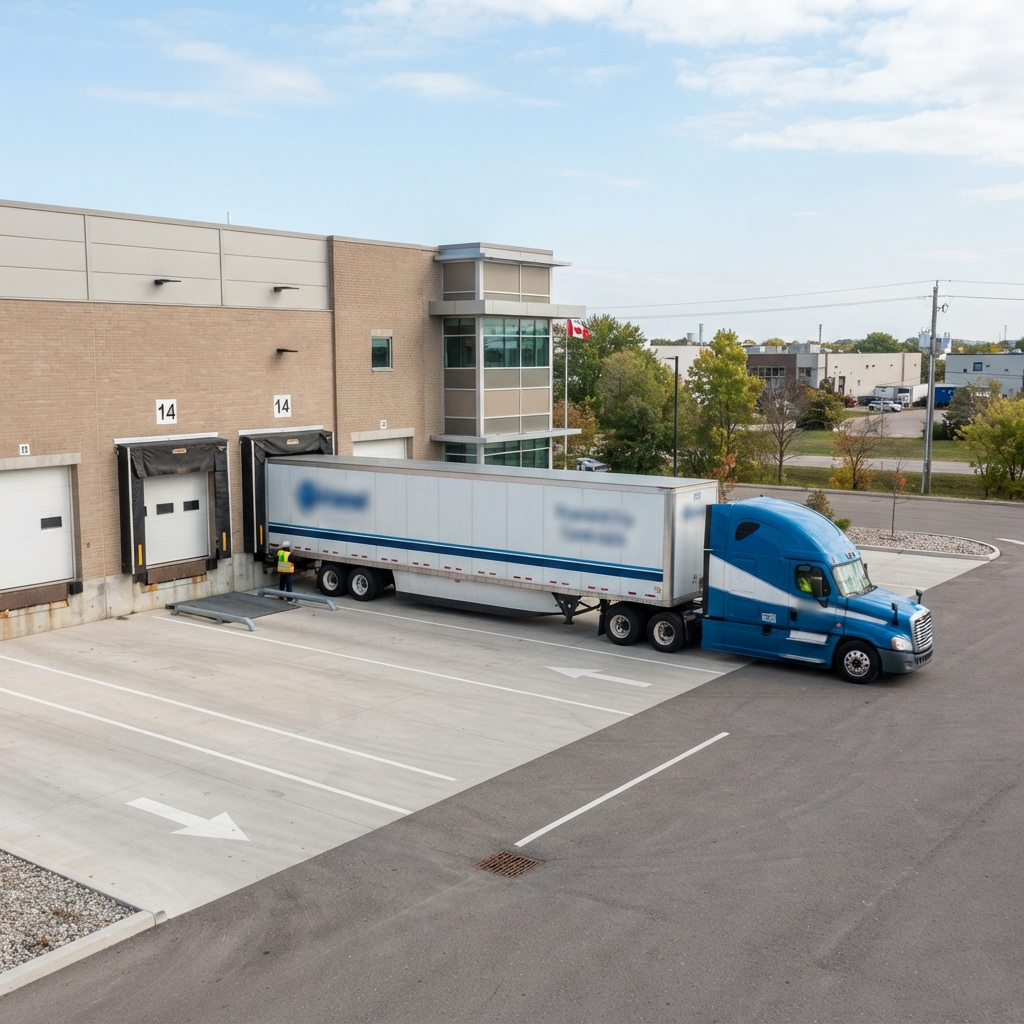 Truck backing into a loading bay at an industrial facility