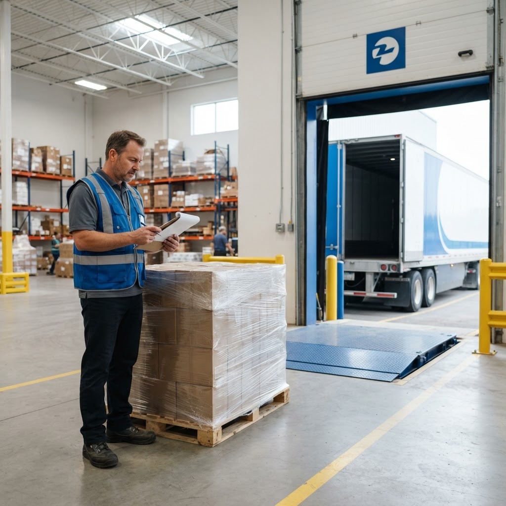 Warehouse worker preparing a pallet for freight shipment