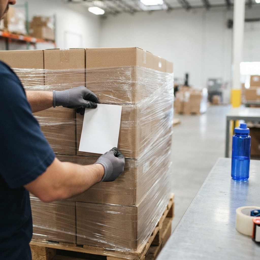 Hands preparing a freight pallet for shipment
