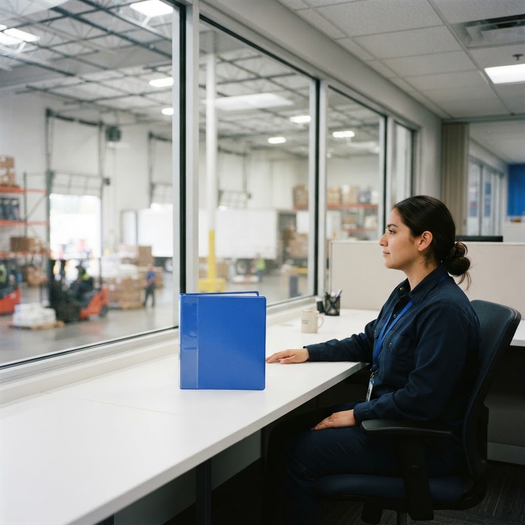 Logistics coordinator at a desk in a clean industrial office