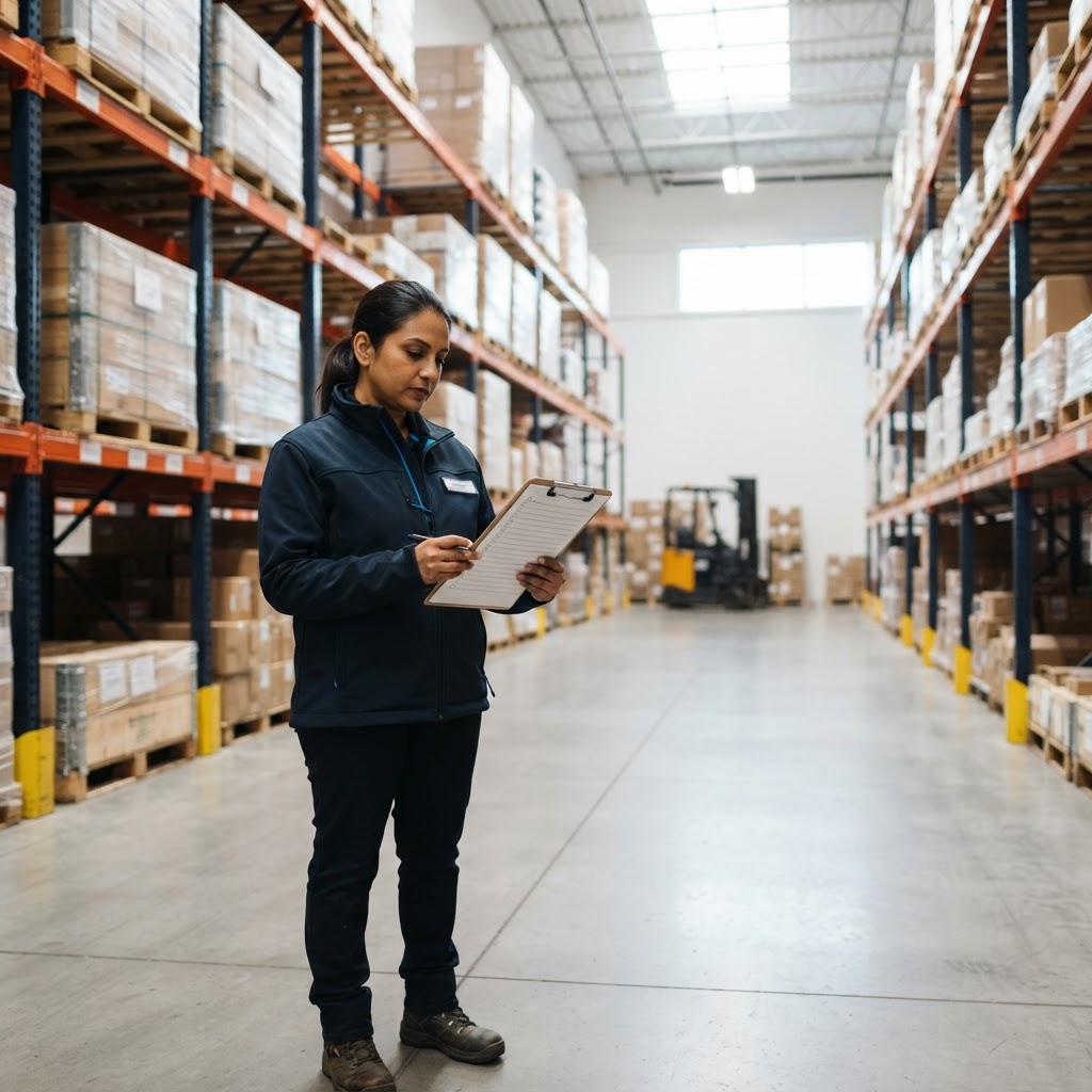 Logistics manager reviewing a freight checklist in a warehouse