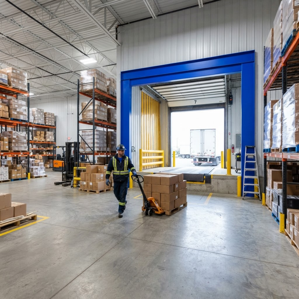 Warehouse interior with pallet movement toward loading dock