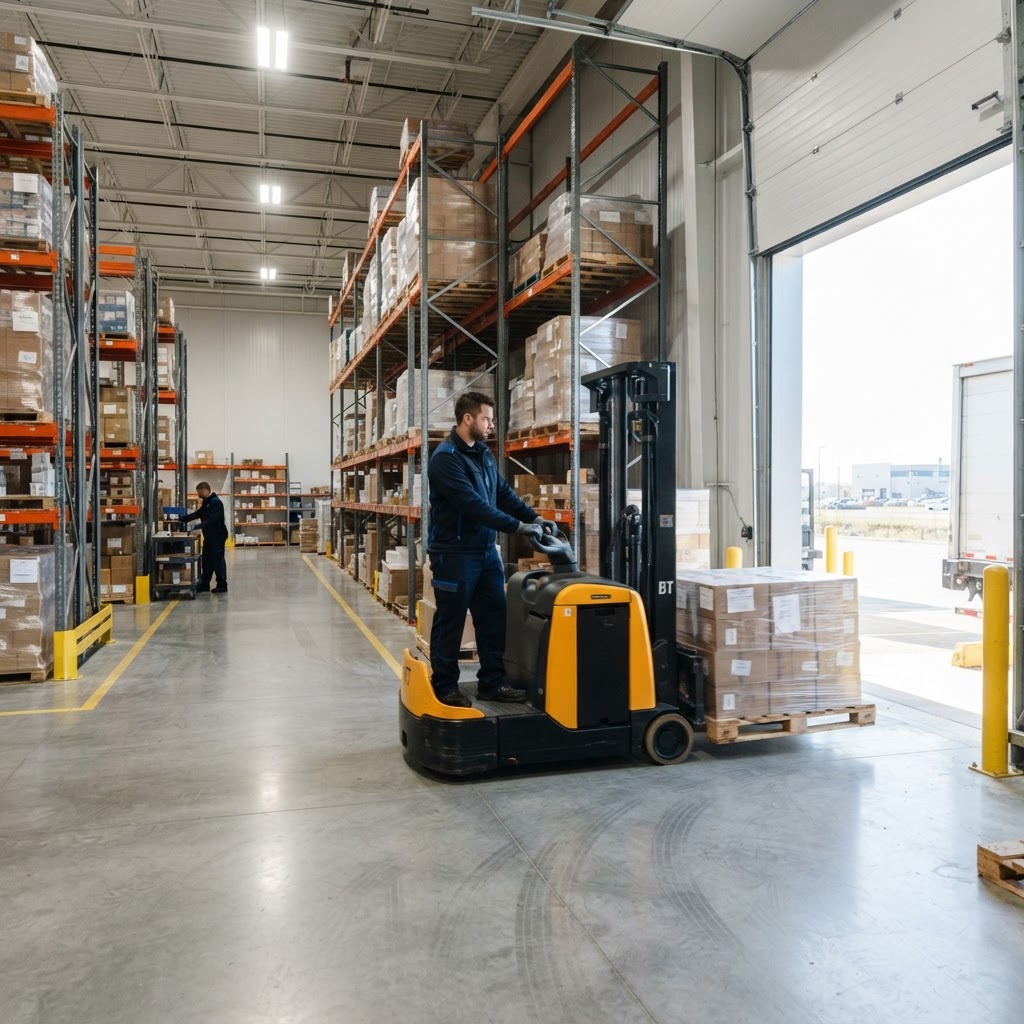 Forklift operator moving a pallet near a loading dock