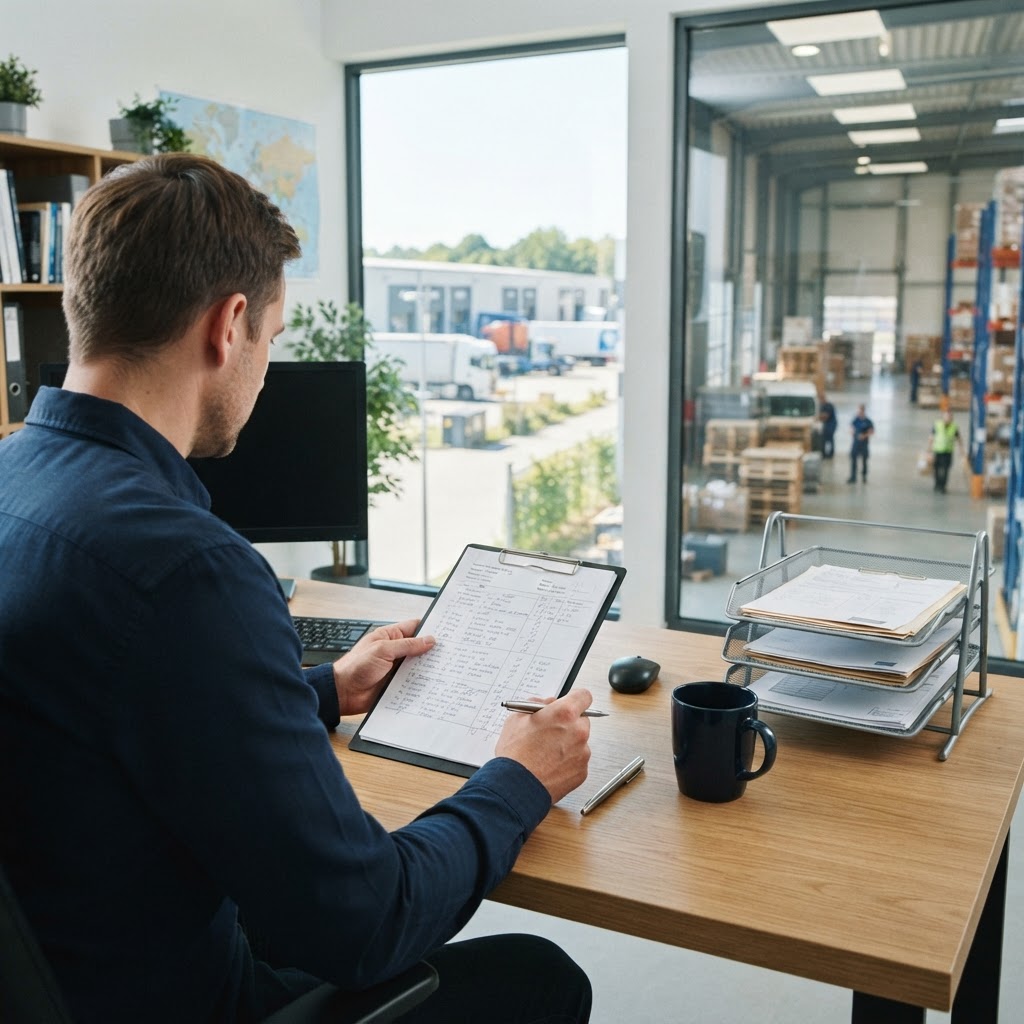 Logistics manager reviewing paperwork at a clean desk