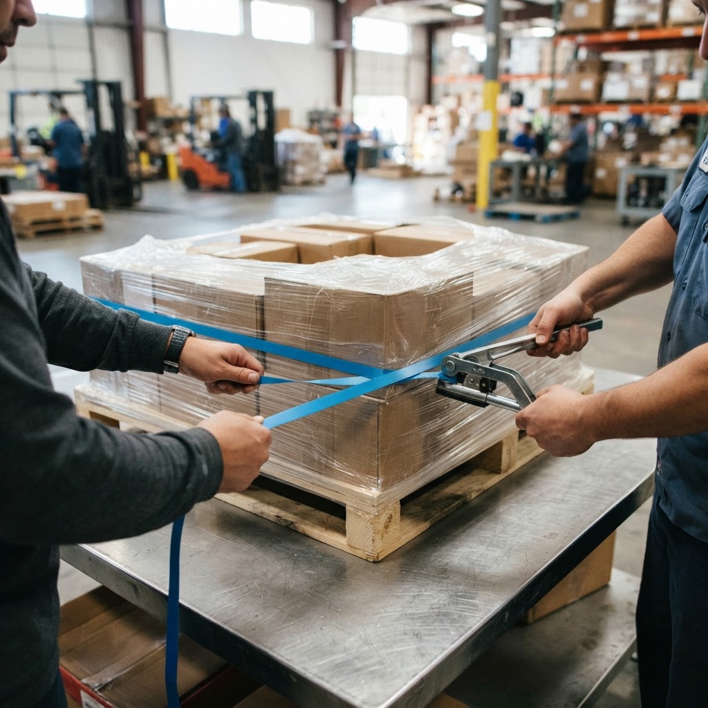 Securing blue strapping around a shipping pallet
