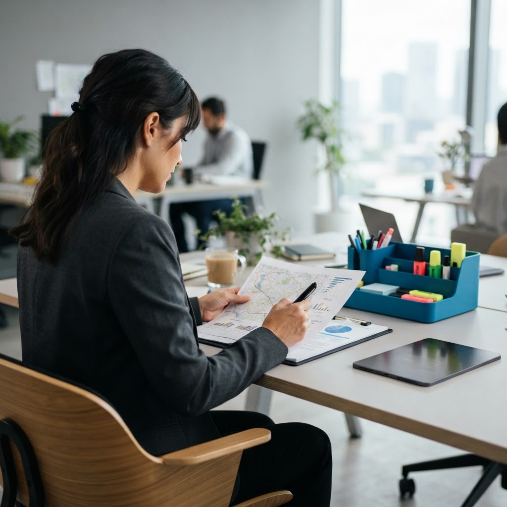 Professional reviewing shipping paperwork at a desk