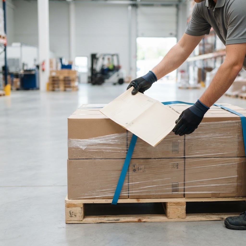 Worker preparing shipping documents for a pallet