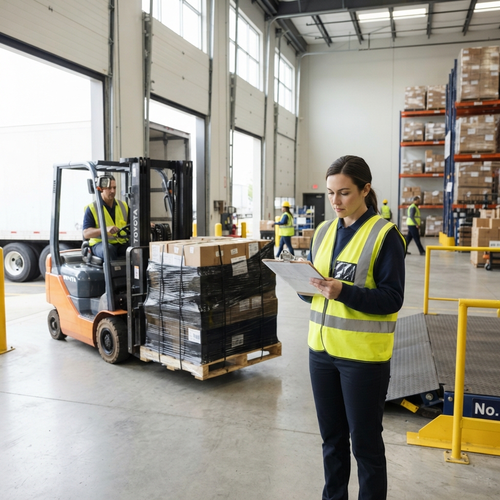 Logistics coordinator reviewing shipment details in a clean warehouse