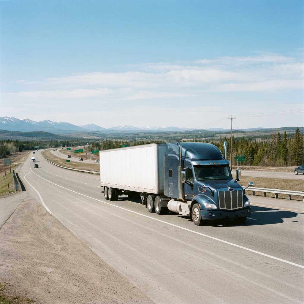 Semi truck driving on a Canadian highway