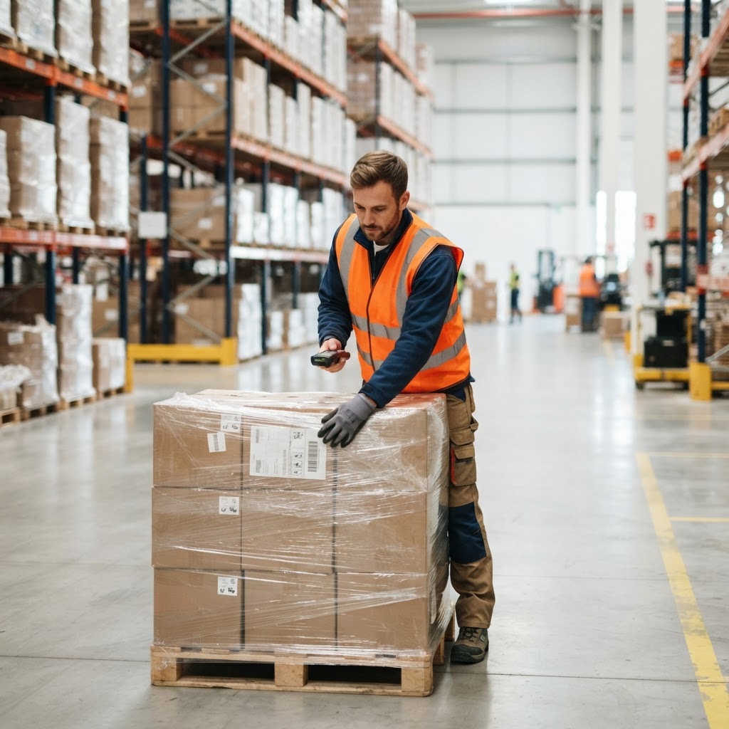 Warehouse worker inspecting a prepared pallet