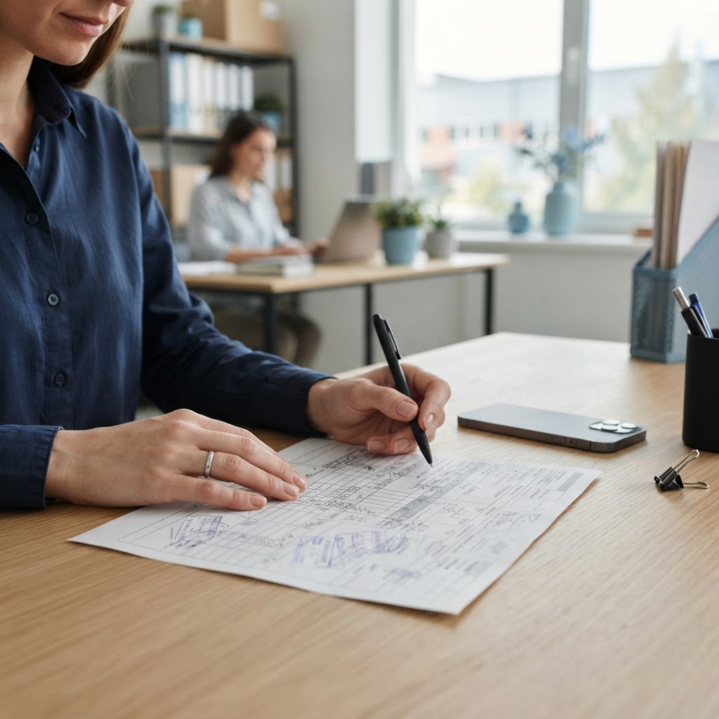 Logistics manager reviewing shipping documents at a desk