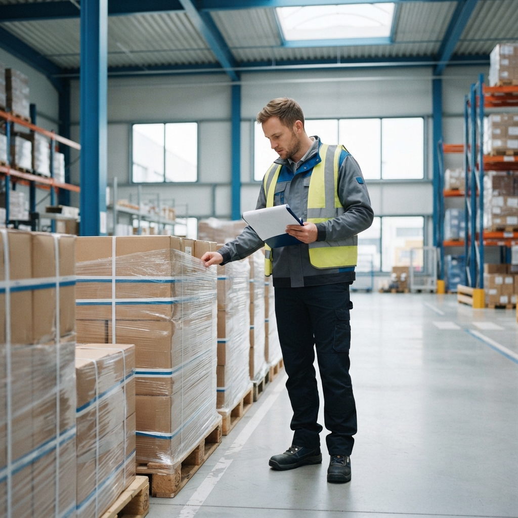 Warehouse worker preparing freight pallets for transport