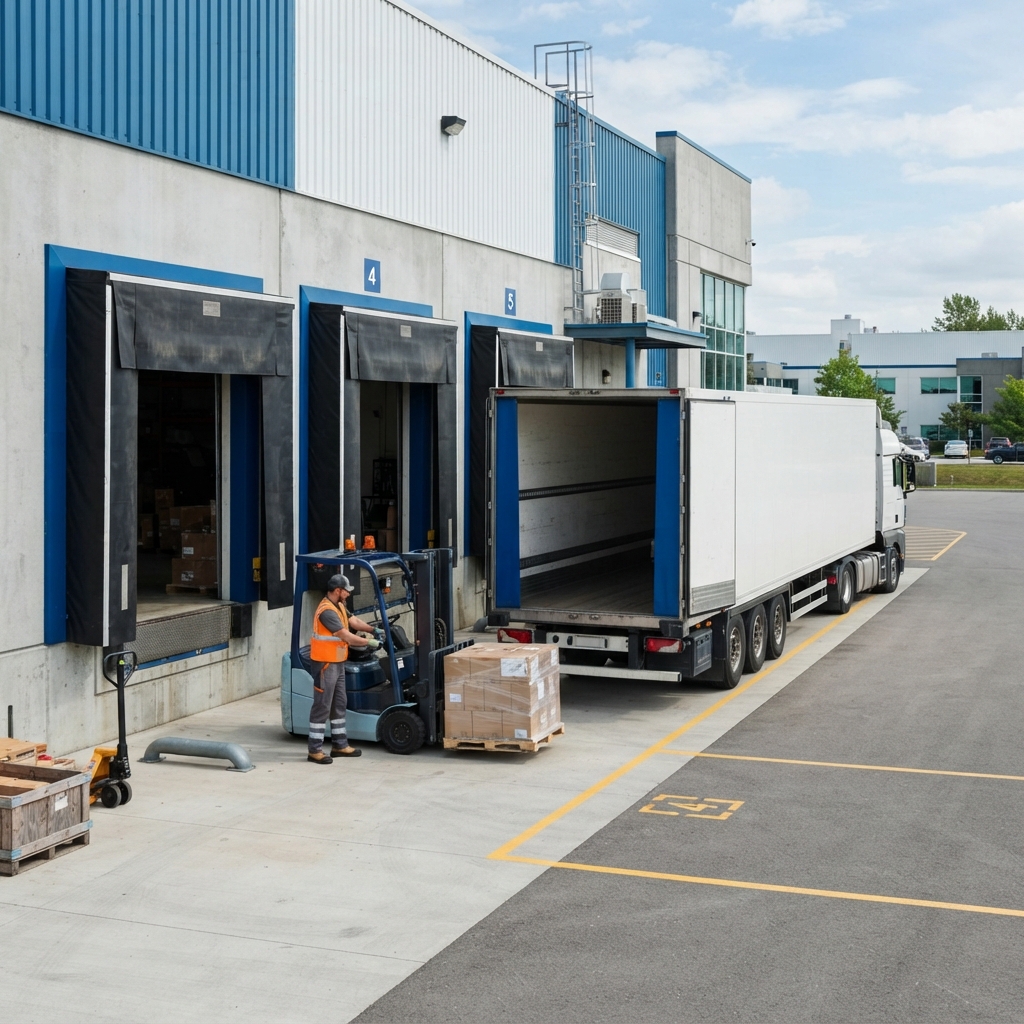 Transport truck at a loading dock with pallet freight