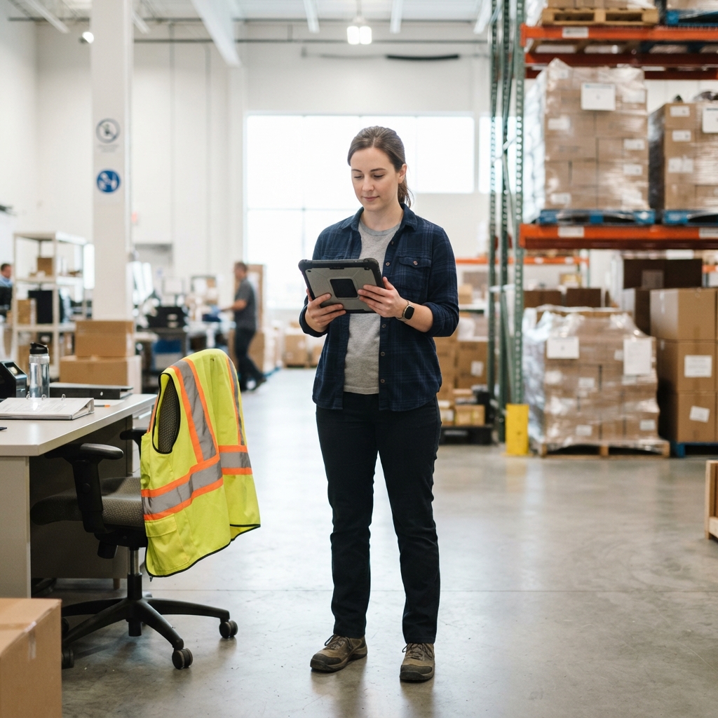 Logistics manager checking shipping details in an organized warehouse