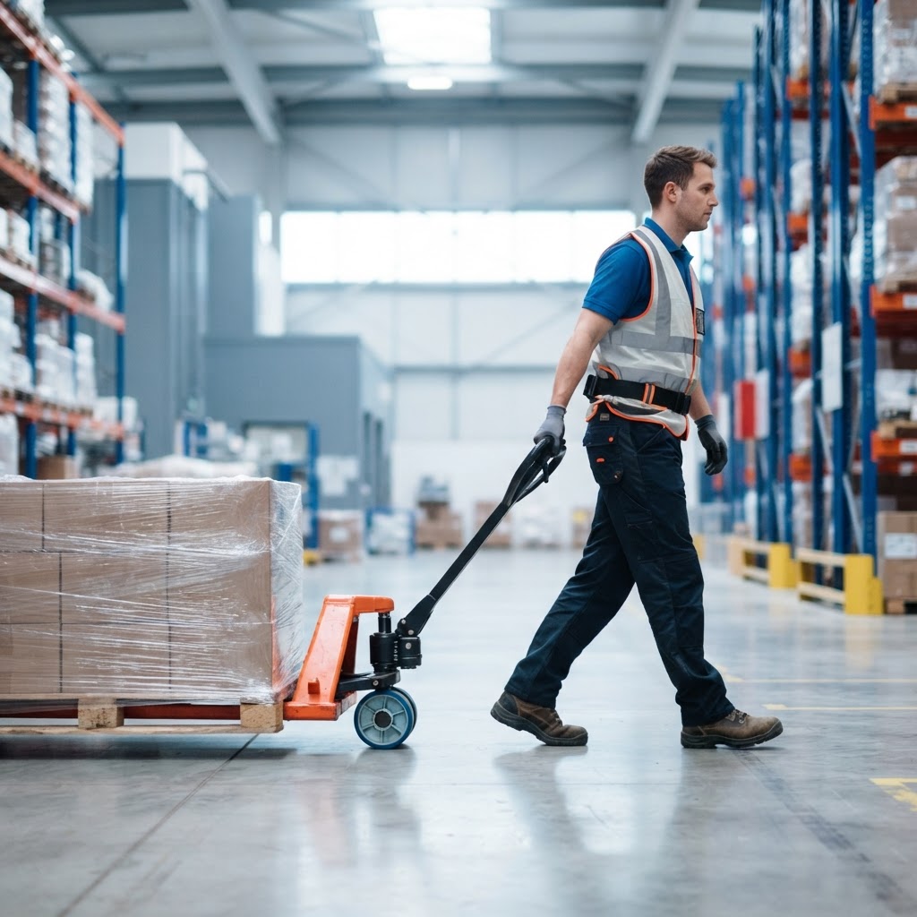 Worker moving a pallet in a clean warehouse