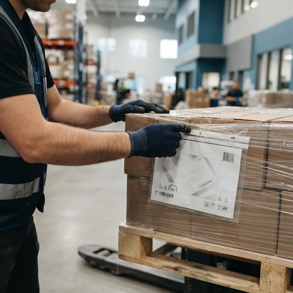 Close up of hands applying a shipping document