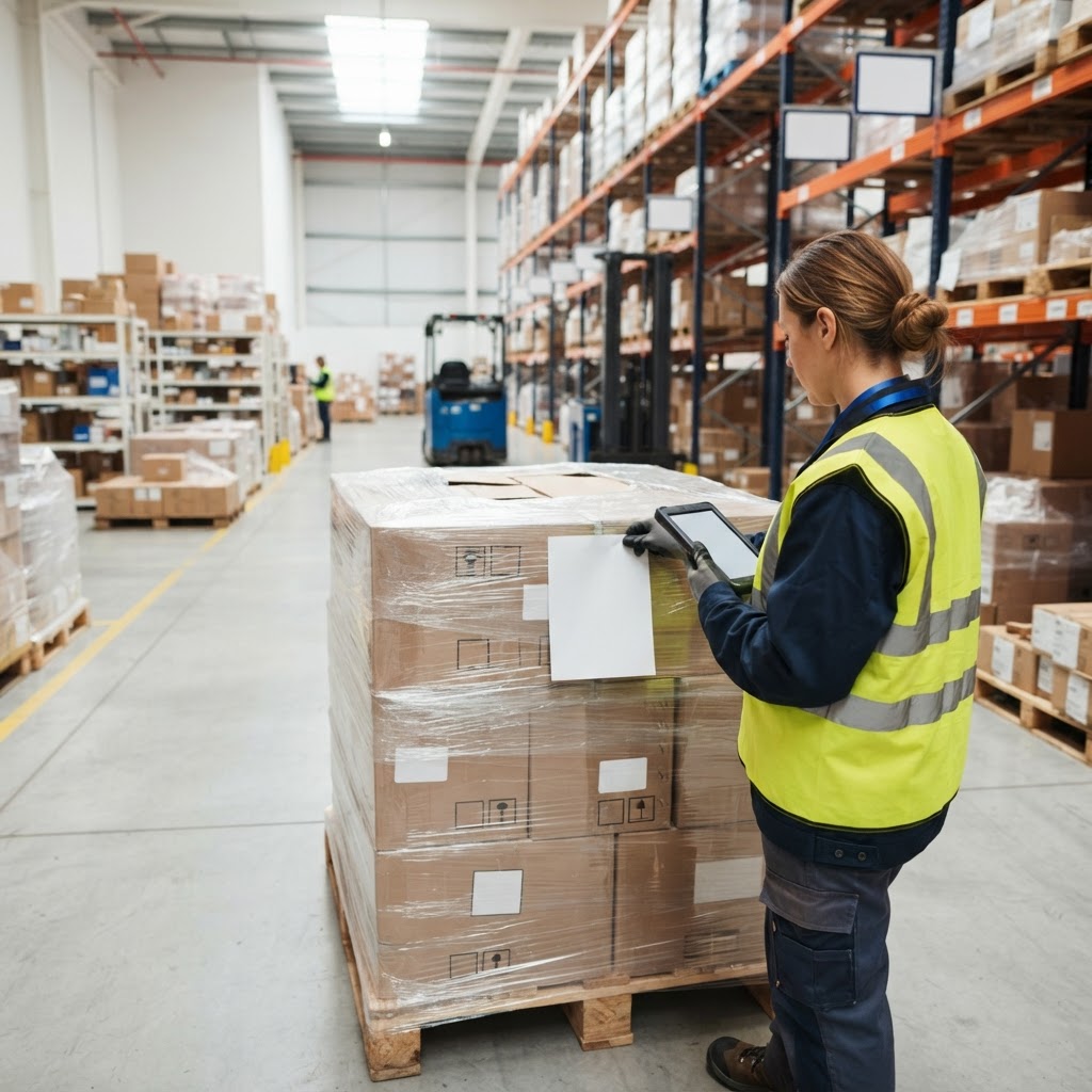 Warehouse worker applying shipping label to a pallet