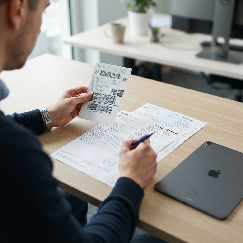 Logistics manager organizing physical shipping paperwork on a desk