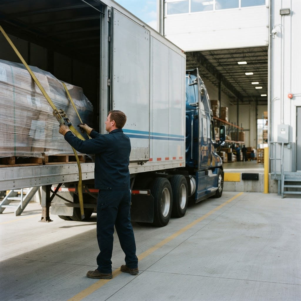 Truck driver securing a pallet load at a loading dock