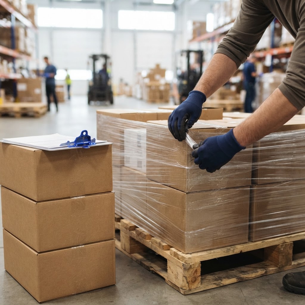 Hands preparing a secure pallet for cross border shipping