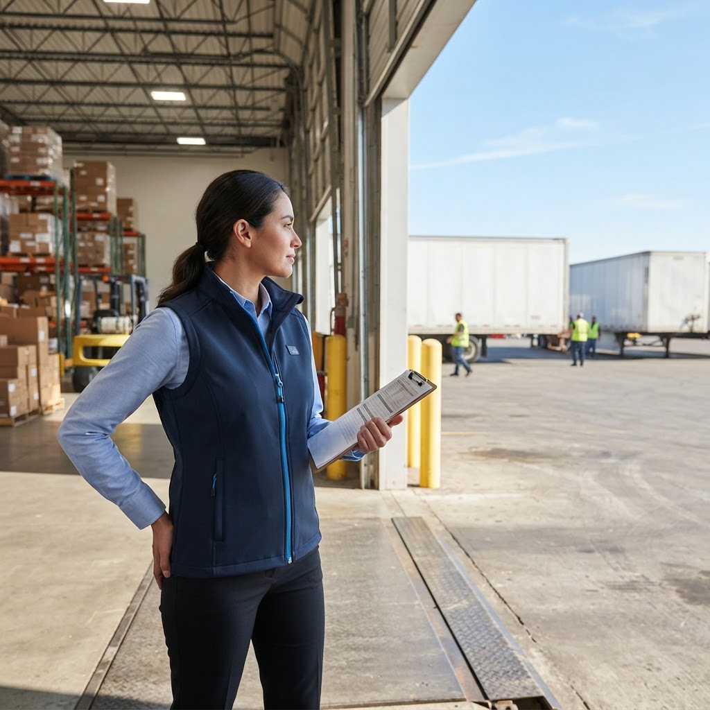 Logistics coordinator at warehouse bay door overseeing operations