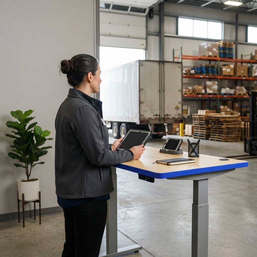 Logistics manager reviewing shipment plans at a warehouse desk