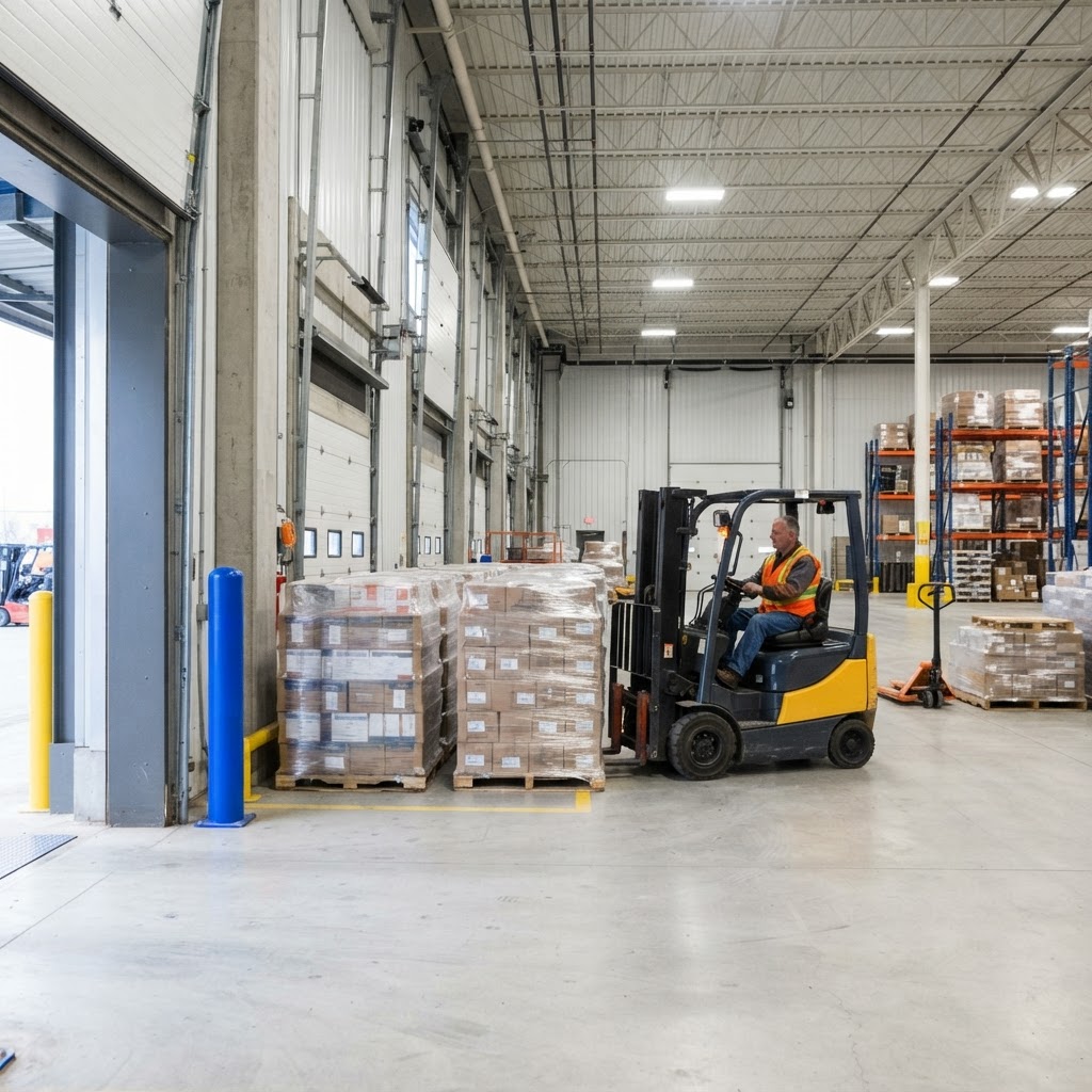 Orderly warehouse loading dock with pallets ready for transit