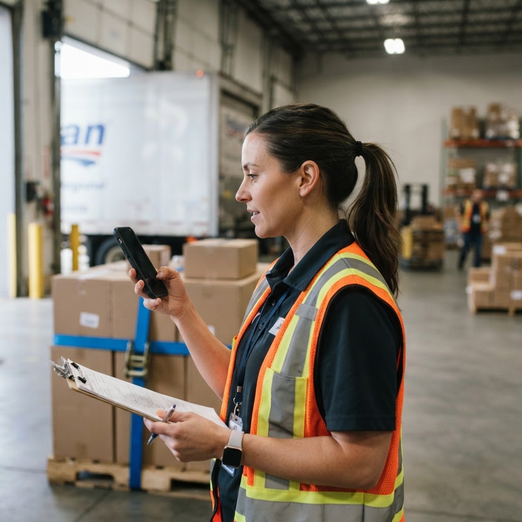 Logistics coordinator using a smartphone on a busy warehouse floor