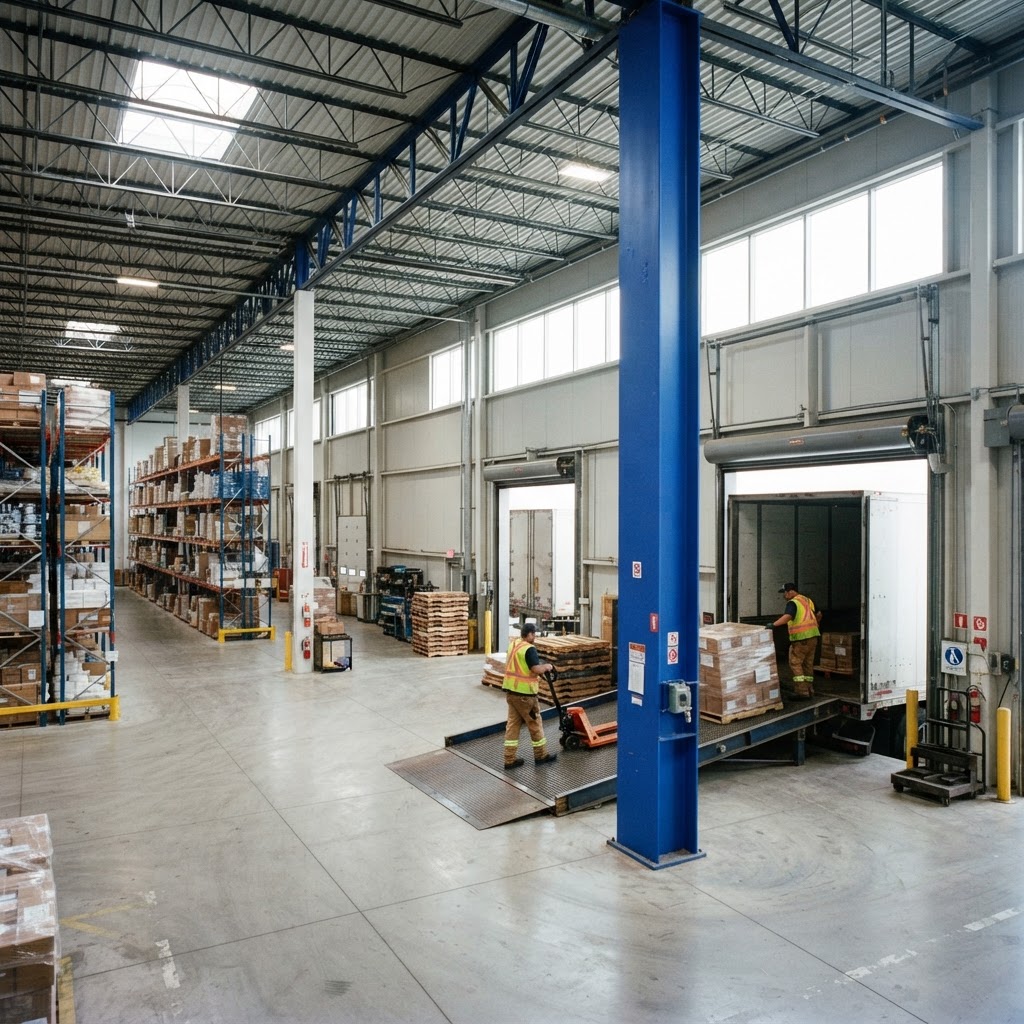 Warehouse team loading pallets into a trailer at a bright loading dock