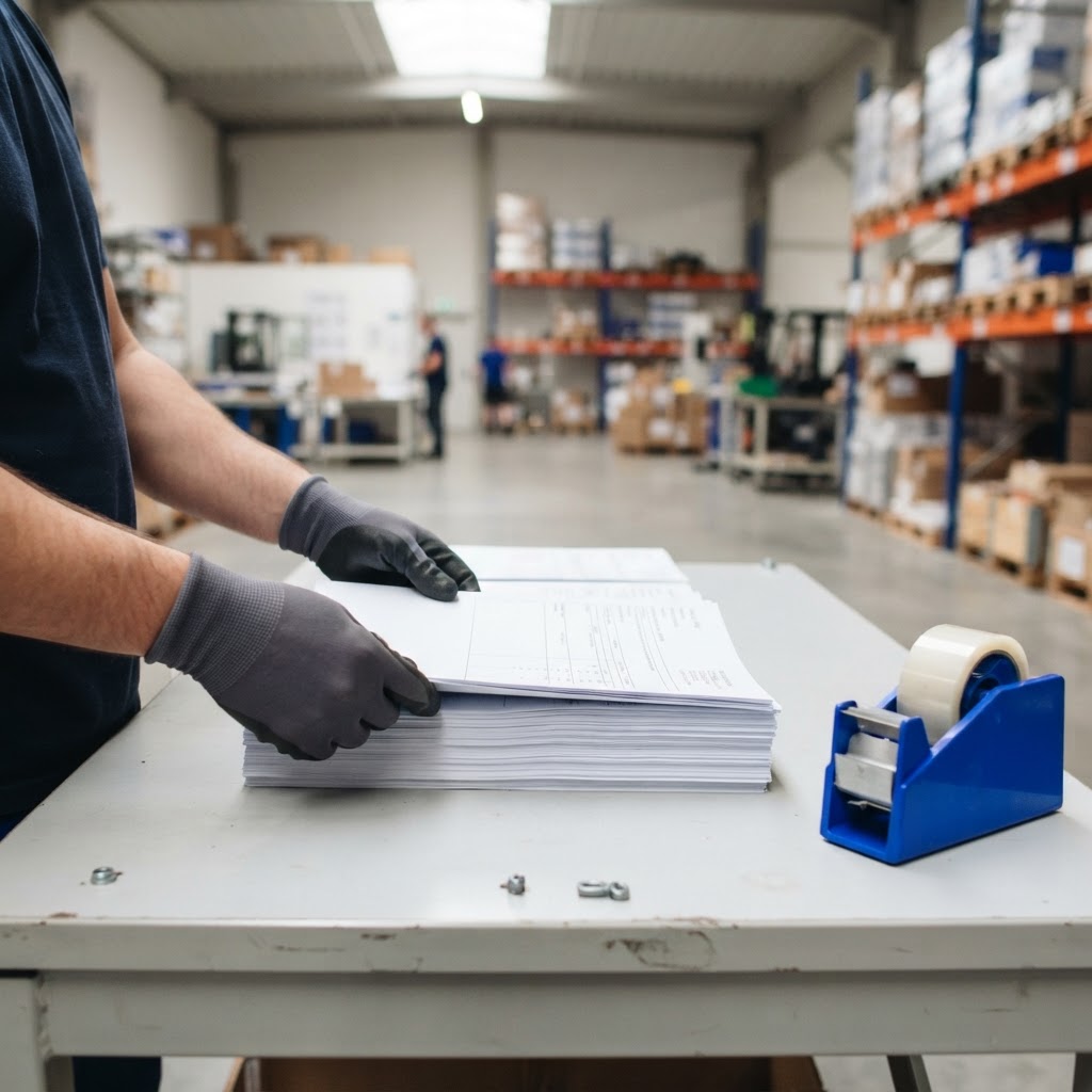 Hands organizing shipping documents on a clean warehouse workbench