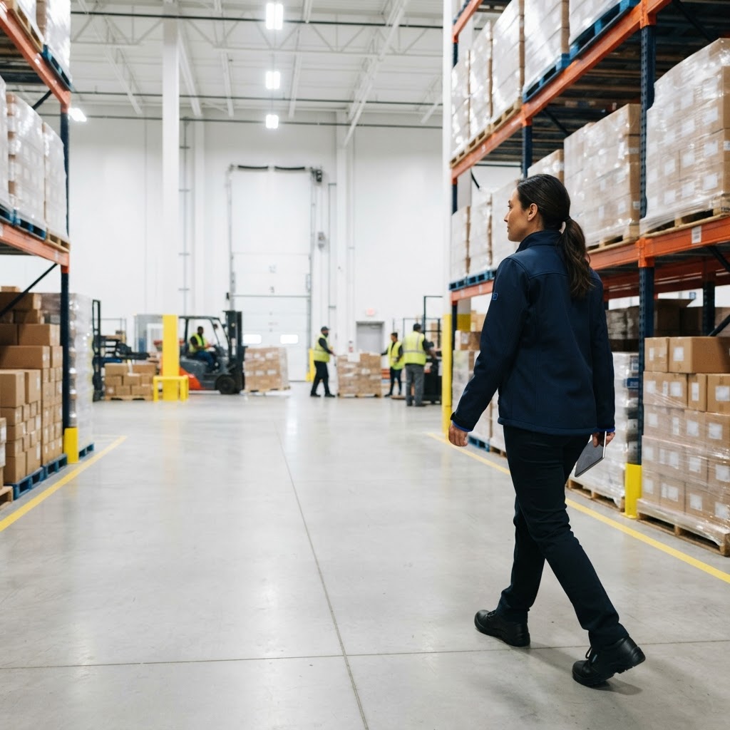 Logistics manager walking through a modern warehouse facility