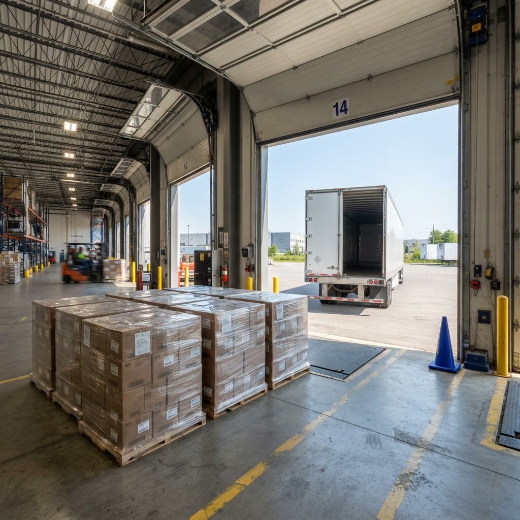 View of a clean shipping dock with a transport trailer