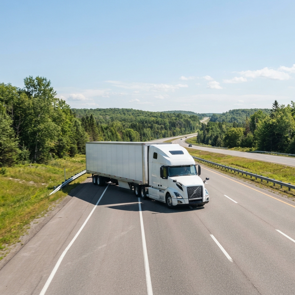 A freight transport truck driving along a highway