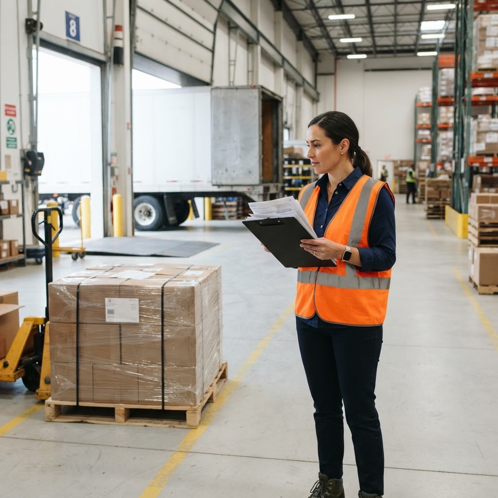 Logistics coordinator reviewing shipping documents in a warehouse