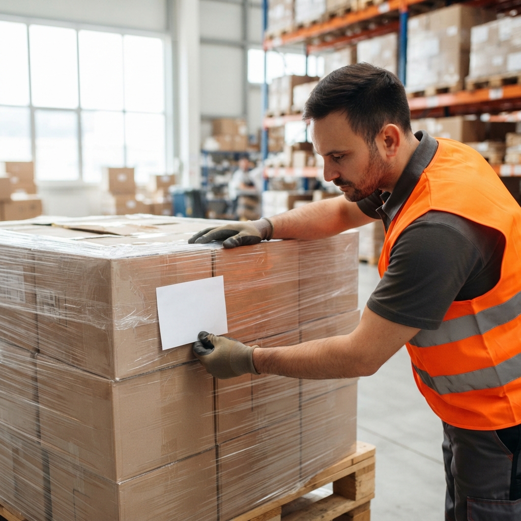 Warehouse worker labeling a pallet for shipping